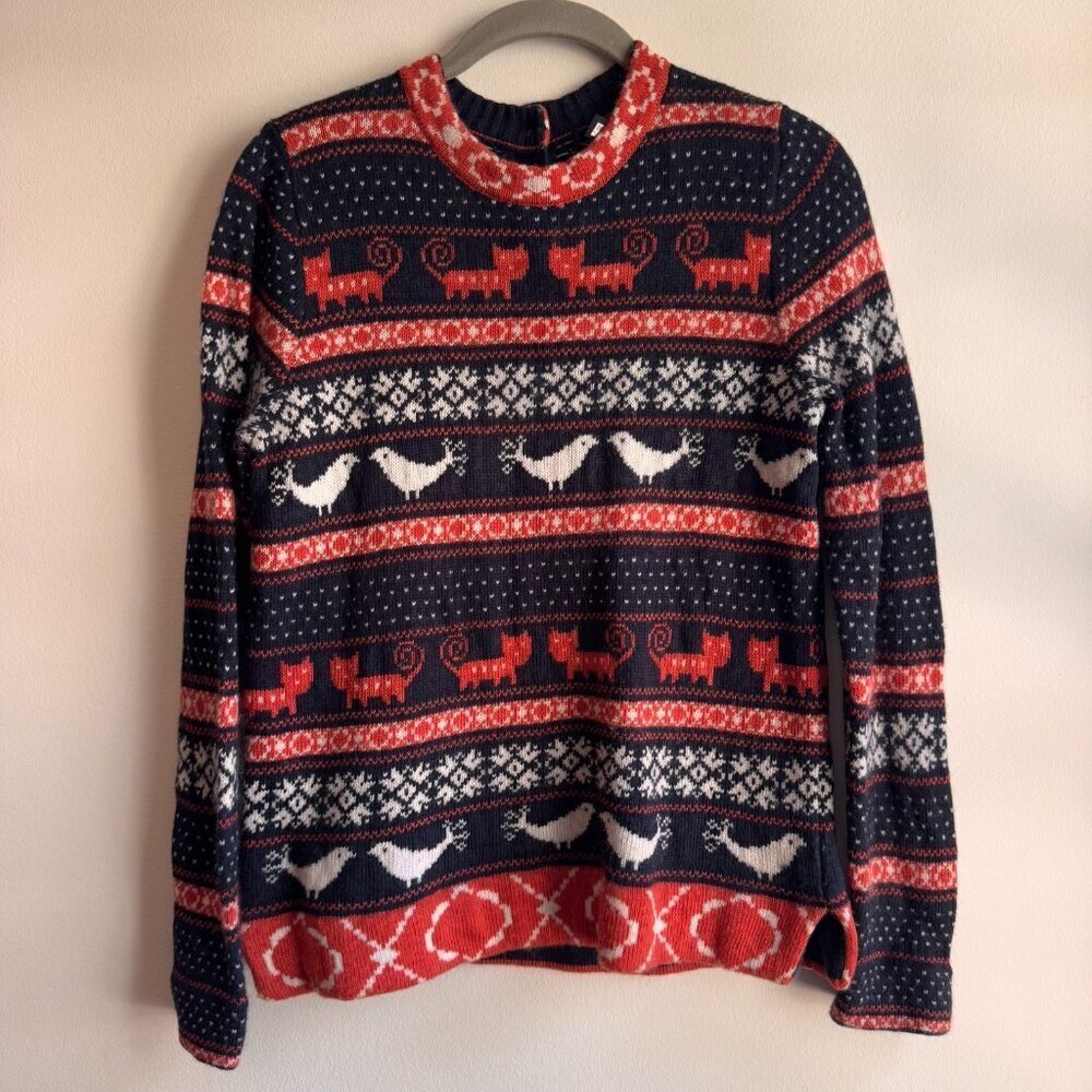 J. Crew Factory Navy and Orange with Cats and Birds Sweater